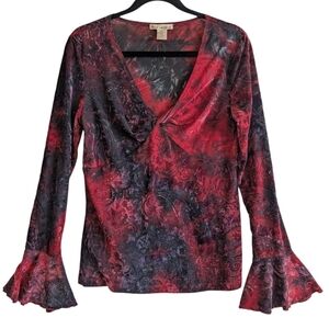 Susan Lawrence Burnout Velvet V-neck Blouse Shirt Purple Red Ruffle Sleeves Sz M
